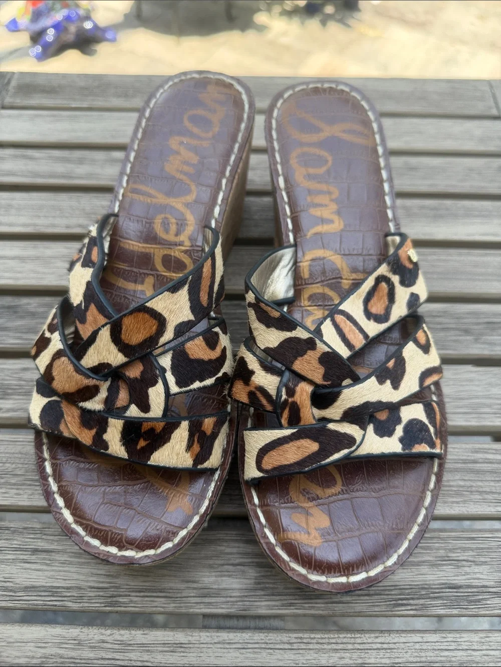 Sam Edelman Raynere Leopard Calf Hair Cork Wedge Sandals Size 7